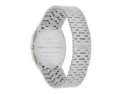Gucci 25H Quarz Edelstahl 38mm goldenes Zifferblatt Metallband YA163405 – Damenuhren Uhr ohne Datum aus 750 Gelbgold, Edelstahl und vergoldet. Das Gehäuse ist rund und silber-gelbgold. Das Edelstahlarmband ist silber. Das Zifferblatt ist ein Index in gelbgold. – Ansicht 2