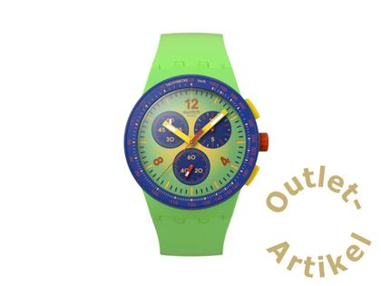 Swatch "Flowing Freshly" Quarz Kunststoff 42mm grünes Zifferblatt grünes Silikonband – Herrenuhren Uhr ohne Datum aus Kunststoff. Das Gehäuse ist rund und grün. Das Kautschuk / Kunststoff / Silikon Armband ist grün. Das Zifferblatt ist ein Index in grün.