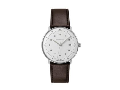 Herrenuhren Uhr mit Datum aus Edelstahl und Leder. Das Gehäuse ist rund und silber. Das Lederarmband ist braun. Das Zifferblatt ist arabisch Index und silber.