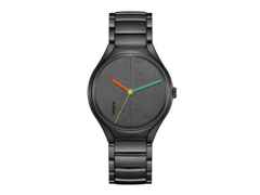 Rado True Round x Les Couleurs Le Corbusier Automatik Keramik 40mm schwarzes Zifferblatt schwarzes Keramikband – Herrenuhren Uhr ohne Datum aus Keramik und Titan. Das Gehäuse ist rund und schwarz. Das Keramikarmband ist schwarz. Das Zifferblatt ist ohne Zeichen und schwarz.