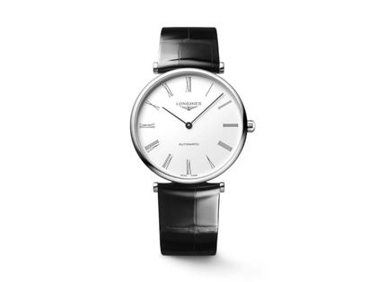 Longines La Grande Classique Automatik Edelstahl 38mm weißes Zifferblatt schwarzes Lederband – Herrenuhren Uhr ohne Datum aus Edelstahl. Das Gehäuse ist rund und silber. Das Lederarmband ist schwarz. Das Zifferblatt ist römisch und weiß.