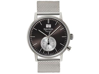 Bruno Söhnle Glashütte Stuttgart GMT Quarz braun Index Milanaiseband – Herrenuhren Uhr mit Datum aus Edelstahl und Leder. Das Gehäuse ist rund und silber. Das Edelstahlarmband ist silber. Das Zifferblatt ist ein Index in braun.