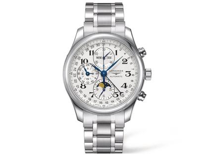 Longines Master Collection Automatik 42 mm  Chronograph Mondphase weiß arabisch Metallband – Herrenuhren Chronograph aus Edelstahl. Das Armband ist ein Edelstahlarmband. Der Zifferblatt ist arabisch.