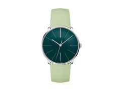 Junghans Meister Fein Automatic Edelstahl 39,5mm dunkelgrünes Zifferblatt hellgrünes Lederband – Damenuhren Uhr mit Datum aus Edelstahl und Leder. Das Gehäuse ist rund und silber. Das Lederarmband ist grün. Das Zifferblatt ist ein Index in grün.