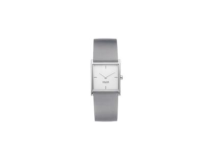 M&M Square Design Quarz Edelstahl 21mm silbernes Zifferblatt graues Lederband – Damenuhren Uhr ohne Datum aus Edelstahl. Das Gehäuse ist rechteckig und silber. Das Lederarmband ist grau. Das Zifferblatt ist ein Index in silber.