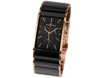 Herrenuhren Chronograph aus Edelstahl, IP beschichtet und Keramik. Das Gehäuse ist rechteckig und roségold. Das vergoldetes Edelstahlarmband ist schwarz. Das Zifferblatt ist ein Index in schwarz.