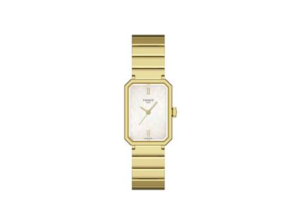 Tissot SRV Quarz Edelstahl Gelbgold-PVD 22x30mm weißes Perlmutt-Zifferblatt Metallband – Damenuhren Uhr ohne Datum aus Edelstahl und PVD beschichtet. Das Gehäuse ist rechteckig und gelbgold. Das Edelstahlarmband ist gelbgold. Das Zifferblatt ist römisch und weiß.