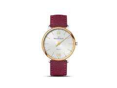 MeisterSinger Yaara Quarz Edelstahl 36mm silbernes Zifferblatt rotes Textilband – Damenuhren Uhr ohne Datum aus Edelstahl und PVD beschichtet. Das Gehäuse ist rund und silber. Das Textilarmband ist rot. Das Zifferblatt ist arabisch Index und silber.