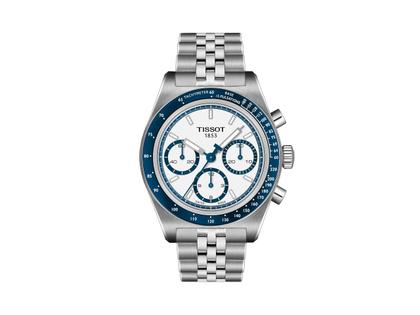 Herrenuhren Chronograph aus Edelstahl. Das Gehäuse ist rund und silber. Das Edelstahlarmband ist silber. Das Zifferblatt ist ein Index in weiß.