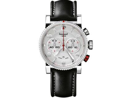 Hanhart PRIMUS Racer Chronograph Automatik Edelstahl 44mm silbernes Zifferblatt schwarzes Lederband – Herrenuhren Chronograph aus Edelstahl. Das Gehäuse ist rund und silber. Das Lederarmband ist schwarz. Das Zifferblatt ist arabisch Index und silber.