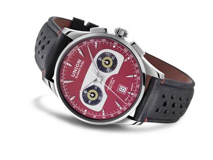Union Glashütte Noramis Chronograph Sachsen Classic 2020 Limited Edition Automatik Edelstahl 42mm zinnoberrotes Zifferblatt graues Lederband – Herrenuhren Chronograph aus Edelstahl und Leder. Das Gehäuse ist rund und silber. Das Lederarmband ist grau. Das Zifferblatt ist arabisch Index und rot. – Ansicht 2