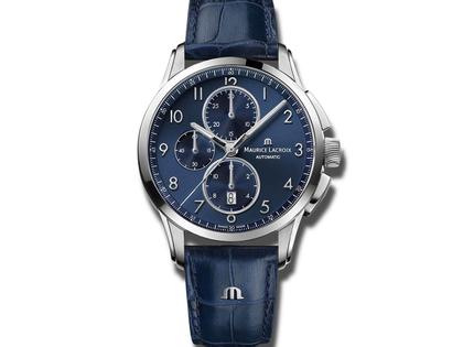 Maurice Lacroix Pontos Chronograph dunkelblau – Herrenuhren Chronograph aus Edelstahl. Das Gehäuse ist rund und silber. Das Lederarmband ist blau. Das Zifferblatt ist arabisch und blau.