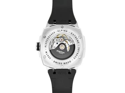 Alpina Alpiner Extreme Automatik Edelstahl 41mm schwarzes Zifferblatt schwarzes Kautschukband – Herrenuhren Uhr mit Datum aus Edelstahl. Das Gehäuse ist rund und silber. Das Kautschuk / Kunststoff / Silikon Armband ist schwarz. Das Zifferblatt ist ein Index in schwarz. – Ansicht 2