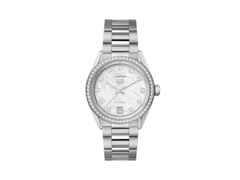 TAG Heuer Carrera Date Automatik Edelstahl 36mm weißes Perlmutt-Zifferblatt mit Brillanten Metallband – Damenuhren Uhr mit Datum aus Edelstahl. Das Gehäuse ist rund und silber. Das Edelstahlarmband ist silber. Das Zifferblatt ist ein Index in weiß.