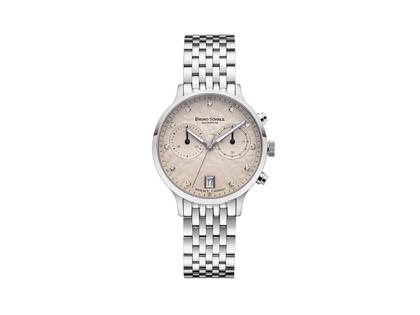 Bruno Söhnle Glashütte Bologna Chronograph Quarz Edelstahl 35mm graues Zifferblatt mit Brillanten Metallband – Damenuhren Chronograph aus Edelstahl. Das Gehäuse ist rund und silber. Das Edelstahlarmband ist silber. Das Zifferblatt ist ein Index in grau.