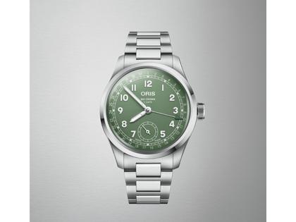 Oris Big Crown Pointer Date Calibre 403 Automatik Edelstahl 40mm grünes Zifferblatt Metallband – Herrenuhren Uhr mit Datum aus Edelstahl. Das Gehäuse ist rund und silber. Das Edelstahlarmband ist silber. Das Zifferblatt ist arabisch und grün. – Ansicht 5