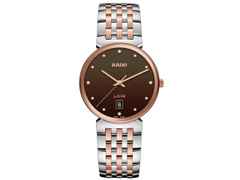 Rado Florence Classic Diamonds Quarz Edelstahl 38 mm braun Edelstahlband bicolor – Herrenuhren Uhr mit Datum aus Edelstahl und PVD beschichtet. Das Gehäuse ist rund und roségold. Das Edelstahlarmband ist silber-roségold. Das Zifferblatt ist ein Index in braun.