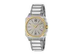 Gucci G-Flat Quarz Edelstahl 36mm silbernes Zifferblatt Metallband YA166403 – Herrenuhren Uhr mit Datum aus Edelstahl und vergoldet. Das Gehäuse ist rechteckig und silber-gelbgold. Das Edelstahlarmband ist silber. Das Zifferblatt ist römisch Index und grau.