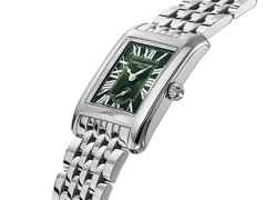 Frederique Constant Classics Carree Small Seconds Quarz Edelstahl 36x25mm grünes Zifferblatt Metallband – Damenuhren Uhr mit Datum aus Edelstahl. Das Gehäuse ist rechteckig und silber. Das Edelstahlarmband ist silber. Das Zifferblatt ist römisch und grün. – Ansicht 2