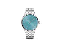 MeisterSinger Yaara Automatik Edelstahl 36mm blaues Zifferblatt Metallband – Damenuhren Uhr ohne Datum aus Edelstahl. Das Gehäuse ist rund und silber. Das Edelstahlarmband ist silber. Das Zifferblatt ist arabisch und blau.