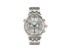 Sinn Spezialuhren 6000 Frankfurter Finanzplatzuhr Automatik Edelstahl 38,5mm silberfarbenes Zifferblatt Metallband limitiert – Herrenuhren Chronograph aus Edelstahl. Das Gehäuse ist rund und silber. Das Edelstahlarmband ist silber. Das Zifferblatt ist ein Index in silber.