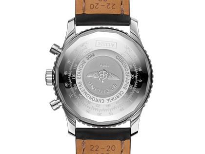 Breitling Navitimer 1 Chronograph 41 Edelstahl schwarzes Zifferblatt schwarzes Lederband – Herrenuhren Chronograph aus Edelstahl. Das Gehäuse ist rund und silber. Das Lederarmband ist schwarz. Das Zifferblatt ist ein Index in schwarz. – Ansicht 3