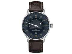 MeisterSinger Astroscope Einzeigeruhr beige-schwarzes Zifferblatt braunes Lederband – Herrenuhren Uhr mit Datum aus Edelstahl. Das Gehäuse ist rund und silber. Das Lederarmband ist braun. Das Zifferblatt ist arabisch und schwarz.