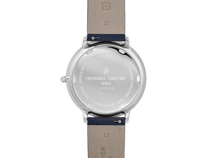 Frederique Constant Classics Moonphase Quarz Edelstahl 39mm weißes Zifferblatt blaues Lederband – Herrenuhren Uhr ohne Datum aus Edelstahl und Leder. Das Gehäuse ist rund und silber. Das Lederarmband ist blau. Das Zifferblatt ist römisch und weiß. – Ansicht 3