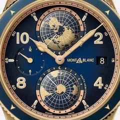 Montblanc 1858 Automatic Geosphere Bronze Messner Limited Edition blau – Herrenuhren Uhr mit Datum aus Bronze. Das Gehäuse ist rund und roségold. Das Textilarmband ist blau. Das Zifferblatt ist arabisch Index und blau. – Ansicht 2
