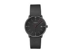 Junghans Max Bill Automatic Bauhaus Edelstahl 38mm schwarzes Zifferblatt schwarzes Lederband – Herrenuhren Uhr mit Datum aus Edelstahl und PVD beschichtet. Das Gehäuse ist rund und schwarz. Das Lederarmband ist schwarz. Das Zifferblatt ist ein Index in schwarz.
