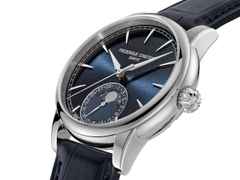 Frederique Constant Classic Moonphase Date Manufacture Automatik Edelstahl 40mm blaues Zifferblatt blaues Lederband – Herrenuhren Uhr mit Datum aus Edelstahl und Leder. Das Gehäuse ist rund und silber. Das Lederarmband Kroko / Alligator ist blau. Das Zifferblatt ist ein Index in blau. – Ansicht 2