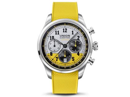 Union Glashütte Belisar Chronograph Speedster Limited Edition 2022 – Herrenuhren Chronograph aus Edelstahl. Das Gehäuse ist rund und silber. Das Lederarmband ist schwarz. Das Zifferblatt ist arabisch Index und gelb. – Ansicht 5