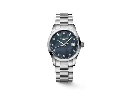 Longines Conquest Classic Quarz Edelstahl 34mm blaues Perlmutt-Zifferblatt mit Diamanten Metallband – Damenuhren Uhr mit Datum aus Edelstahl. Das Gehäuse ist rund und silber. Das Edelstahlarmband ist silber. Das Zifferblatt ist ein Index in blau.