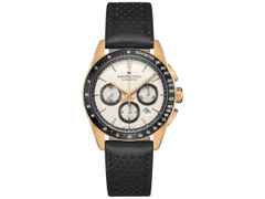 Hamilton Jazzmaster Performer Auto Chrono Edelstahl PVD-Roségold 42mm weißes Zifferblatt schwarzes Lederband – Herrenuhren Chronograph aus Edelstahl, Leder und PVD beschichtet. Das Gehäuse ist rund und roségold. Das Lederarmband ist schwarz. Das Zifferblatt ist arabisch Index und weiß.
