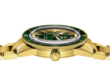 Rado Captain Cook Automatik Edelstahl gelbgold beschichtet grün Edelstahlband gelbgold beschichtet – Herrenuhren Uhr mit Datum aus Edelstahl und PVD beschichtet. Das Gehäuse ist rund und gelbgold. Das Edelstahlarmband ist gelbgold. Das Zifferblatt ist ein Index in grün. – Ansicht 3