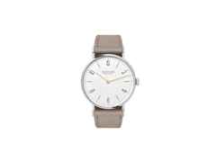 Nomos Glashütte Tangente 33 Duo Handaufzug Edelstahl 33mm weißes Zifferblatt beiges Lederband Stahlboden – Damenuhren Uhr ohne Datum aus Edelstahl. Das Gehäuse ist rund und silber. Das Lederarmband ist beige. Das Zifferblatt ist arabisch Index und weiß.