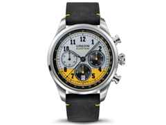 Union Glashütte Belisar Chronograph Speedster Limited Edition 2022 – Herrenuhren Chronograph aus Edelstahl. Das Gehäuse ist rund und silber. Das Lederarmband ist schwarz. Das Zifferblatt ist arabisch Index und gelb. – Ansicht 6