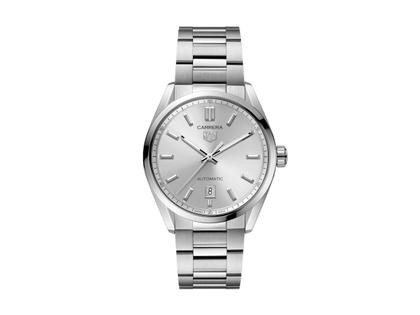 TAG Heuer Carrera Date Automatik Edelstahl 39mm silbernes Zifferblatt Metallband – Herrenuhren Uhr mit Datum aus Edelstahl. Das Gehäuse ist rund und silber. Das Edelstahlarmband ist silber. Das Zifferblatt ist ein Index in silber.