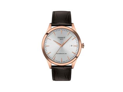 Tissot Classic Dream Automatik Edelstahl Roségold-PVD 40mm silbernes Zifferblatt braunes Lederband – Herrenuhren Uhr mit Datum aus Edelstahl, Leder und PVD beschichtet. Das Gehäuse ist rund und silber. Das Lederarmband ist braun. Das Zifferblatt ist ein Index in silber.