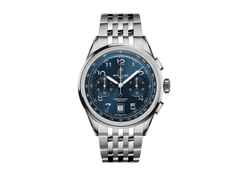 Breitling Premier B01 Chronograph 42 Automatik Edelstahl blaues Zifferblatt Metallband – Herrenuhren Chronograph aus Edelstahl und Leder. Das Gehäuse ist rund und silber. Das Edelstahlarmband ist silber. Das Zifferblatt ist arabisch und blau.