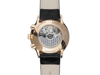 Junghans Meister Chronoscope Automatik Edelstahl Roségold-PVD 41mm versilbertes Zifferblatt schwarzes Lederband – Herrenuhren Chronograph aus Edelstahl, Leder, PVD beschichtet und vergoldet. Das Gehäuse ist rund und roségold. Das Lederarmband ist schwarz. Das Zifferblatt ist ein Index in silber. – Ansicht 3