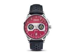 Union Glashütte Noramis Chronograph Sachsen Classic 2020 Limited Edition Automatik Edelstahl 42mm zinnoberrotes Zifferblatt graues Lederband – Herrenuhren Chronograph aus Edelstahl und Leder. Das Gehäuse ist rund und silber. Das Lederarmband ist grau. Das Zifferblatt ist arabisch Index und rot.