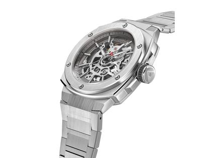 Alpina Alpiner Extreme Skeleton Automatik Edelstahl 39mm graues Zifferblatt Metallband – Herrenuhren Uhr ohne Datum aus Edelstahl und Kautschuk. Das Gehäuse ist rund und silber. Das Edelstahlarmband ist silber. Das Zifferblatt ist skelettiert und grau. – Ansicht 3