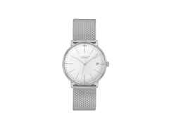 Junghans Max Bill Kleine Automatic Edelstahl 34mm silbernes Zifferblatt Metallband – Damenuhren Uhr mit Datum aus Edelstahl. Das Gehäuse ist rund und silber. Das Edelstahlarmband ist silber. Das Zifferblatt ist ein Index in silber.