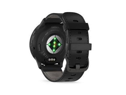 Garmin Venu 3 faserverstärktes Polymer Schiefergrau 45mm schwarzes Lederband – Herrenuhren Uhr Multifunktion aus Edelstahl, Kautschuk, Kunststoff und PVD beschichtet. Das Gehäuse ist rund und anthrazit. Das Lederarmband ist schwarz. Das Zifferblatt ist digital und schwarz. – Ansicht 4