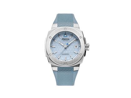 Herrenuhren Uhr mit Datum aus Edelstahl und Kautschuk. Das Gehäuse ist rund und silber. Das Kautschuk / Kunststoff / Silikon Armband ist blau. Das Zifferblatt ist ein Index in blau.