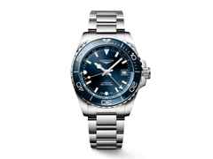 Longines HydroConquest GMT Automatik Edelstahl 41mm blaues Zifferblatt Metallband – Herrenuhren Uhr mit Datum aus Edelstahl und Keramik. Das Gehäuse ist rund und silber. Das Edelstahlarmband ist silber. Das Zifferblatt ist ein Index in blau.