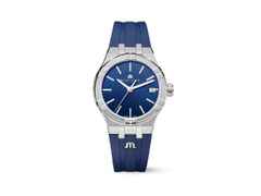 Maurice Lacroix Aikon Quartz Edelstahl 35mm blaues Zifferblatt blaues Kautschukband – Damenuhren Uhr mit Datum aus Edelstahl, Kautschuk, PVD beschichtet und vergoldet. Das Gehäuse ist rund und silber. Das Kautschuk / Kunststoff / Silikon Armband ist blau. Das Zifferblatt ist ein Index in blau.