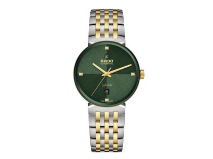 Rado Florence Automatik Edelstahl Gelbgold-PVD 39mm grünes Zifferblatt mit Brillanten Metallband – Herrenuhren Uhr mit Datum aus Edelstahl und PVD beschichtet. Das Gehäuse ist rund und gelbgold. Das Edelstahlarmband ist silber-gelbgold. Das Zifferblatt ist ein Index in grün.