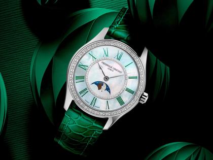 Frederique Constant Classics Elegance Luna Automatik Edelstahl 36mm weißes Zifferblatt grünes Lederband – Damenuhren Uhr ohne Datum aus Edelstahl und Leder. Das Gehäuse ist rund und silber. Das Lederarmband ist grün. Das Zifferblatt ist römisch und weiß. – Ansicht 4
